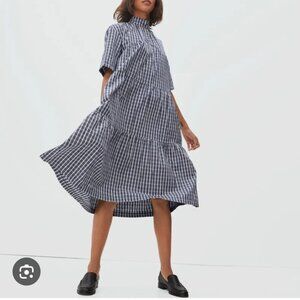 Everlane Women's Size XS Blue Plaid Tiered Mock Neck Cotton Modest Midi Dress